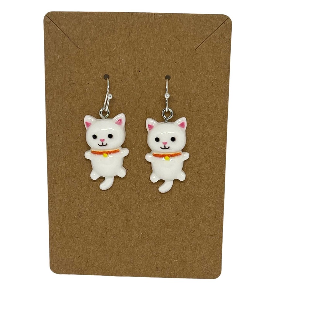 White Cat Earrings Dangle Resin - Hypoallergenic
